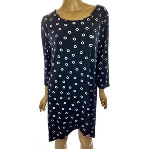 Chico's Shift Dress Black w/ White Circles 3/4 Sleeve Hi-Low Hem Size 1 / 8-10